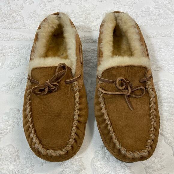 L.L. BEAN Moccasins Men's Sz 8 Tan Suede Slippers Warm Cozy Lounge Relaxed Wear - Picture 1 of 8
